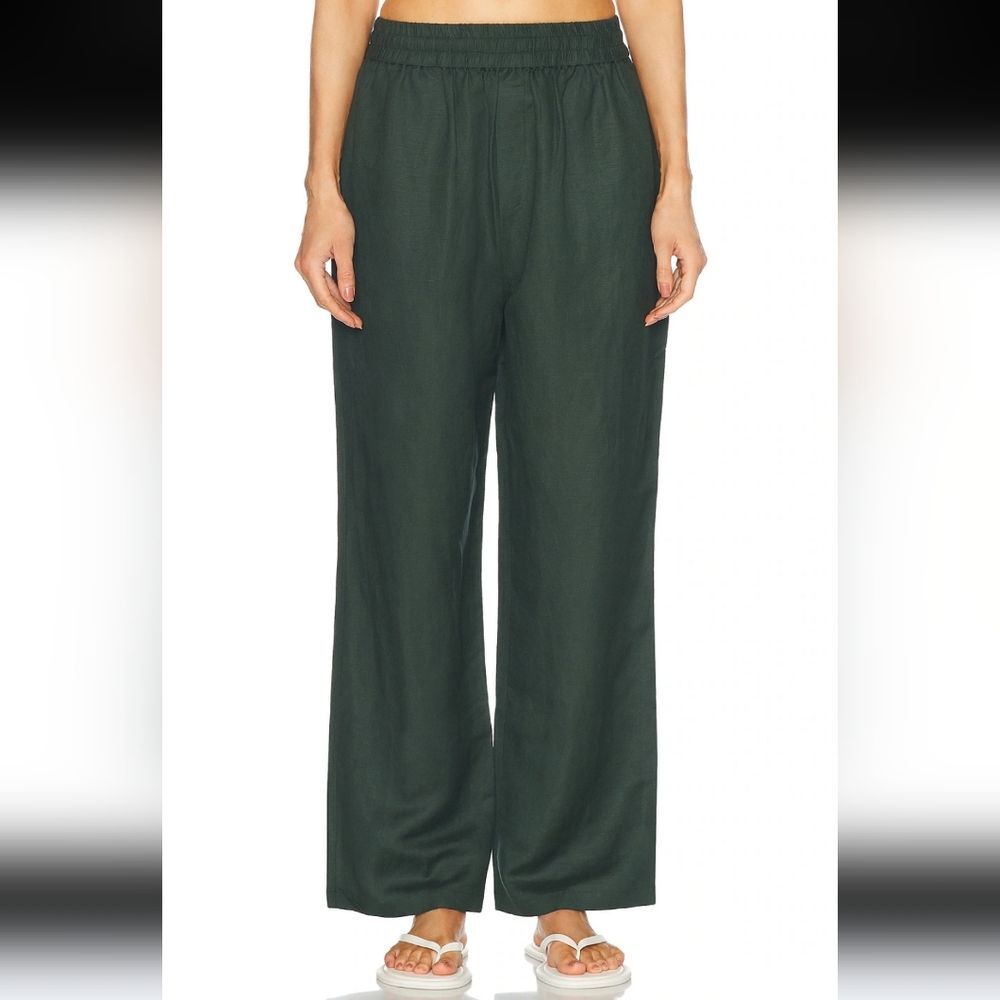 WAO Relaxed Wide Leg Elastic Waist Pockets Linen Blend Pants Forest Green Size M
